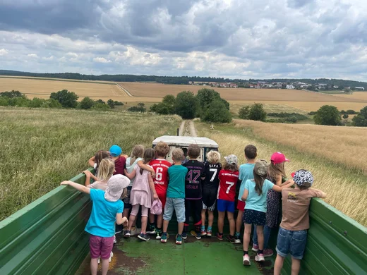 Ungefähr 15 Kinder sind von hinten zu sehen. Sie stehen auf dem Anhänger eines Traktors und fahren über die Felder. Im Hintergrund ist die Weite zu sehen mit vielen Feldern, größtenteils Kornfelder. 